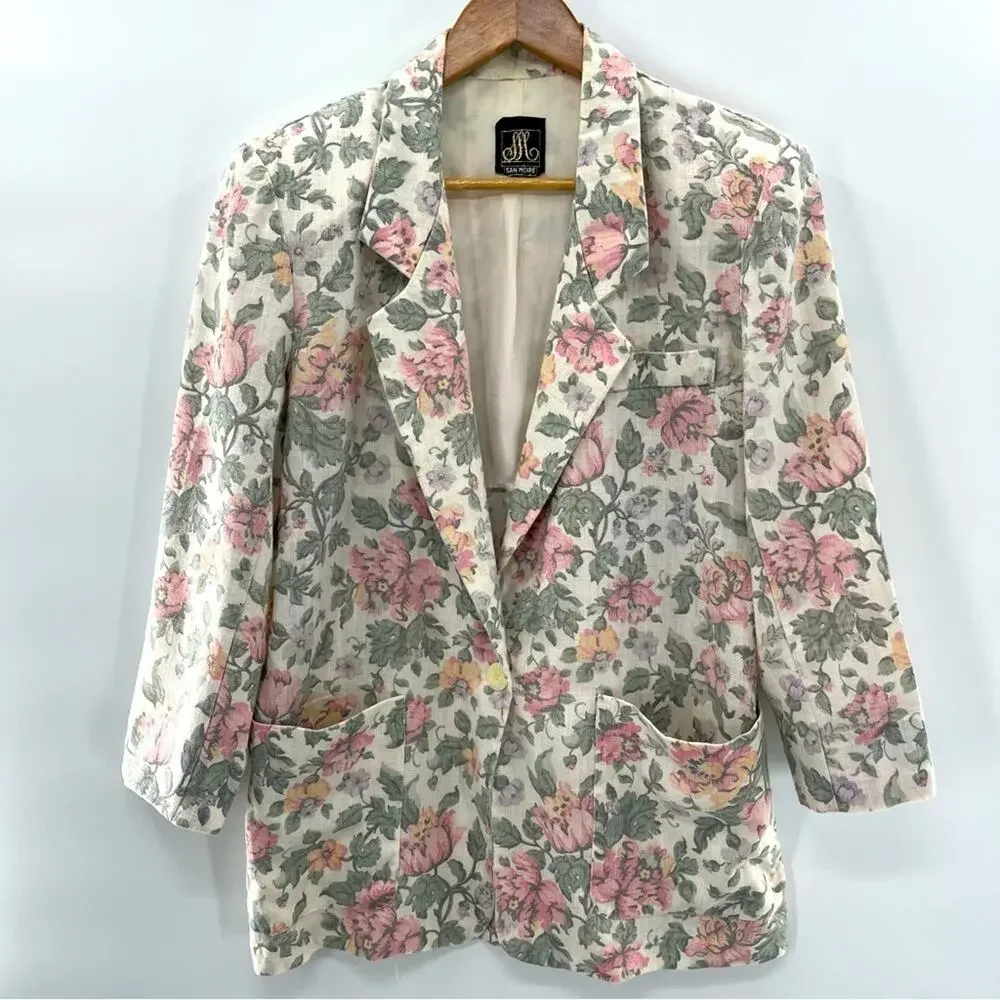 Vintage USA Floral Cottagecore Coastal Grandma Blazer Patch Pockets Size Medium - Picture 1 of 9